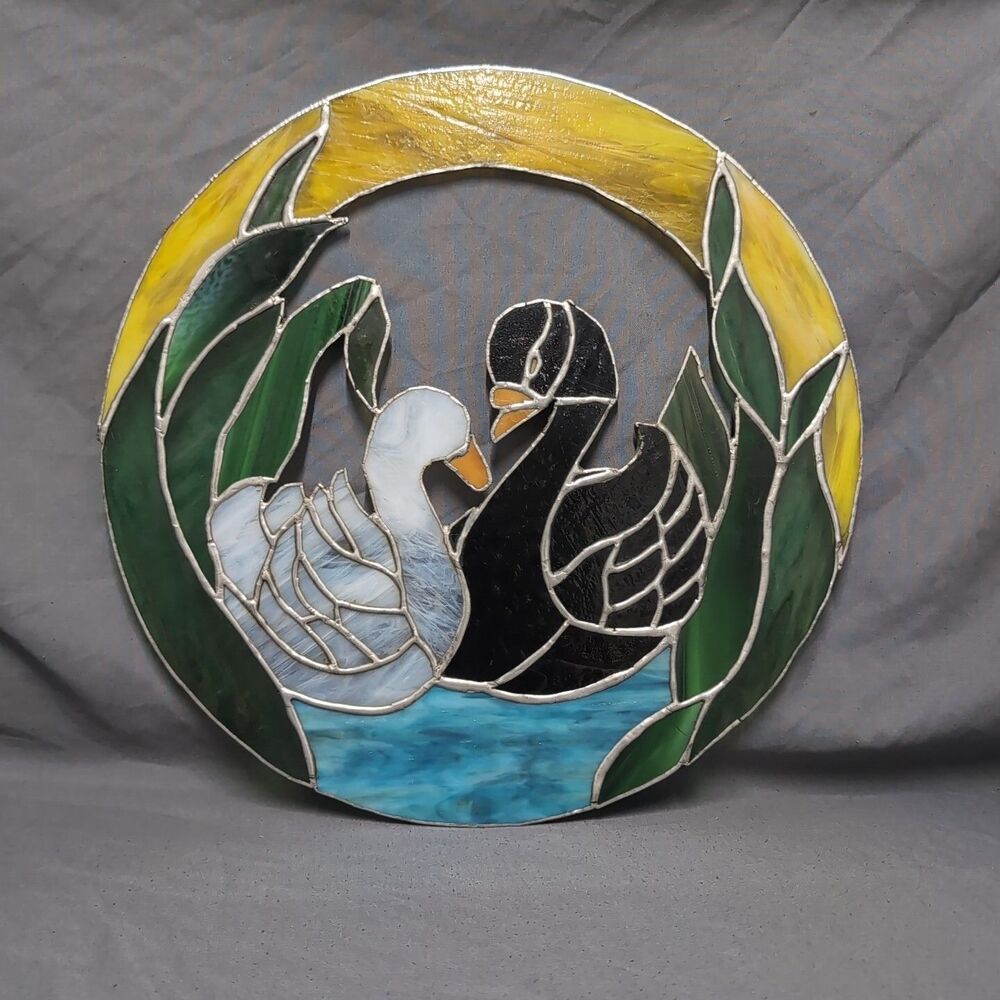 Stain Glass Suncatcher Panel Handmade Leaded Swan White Black 16" Circle Vintage